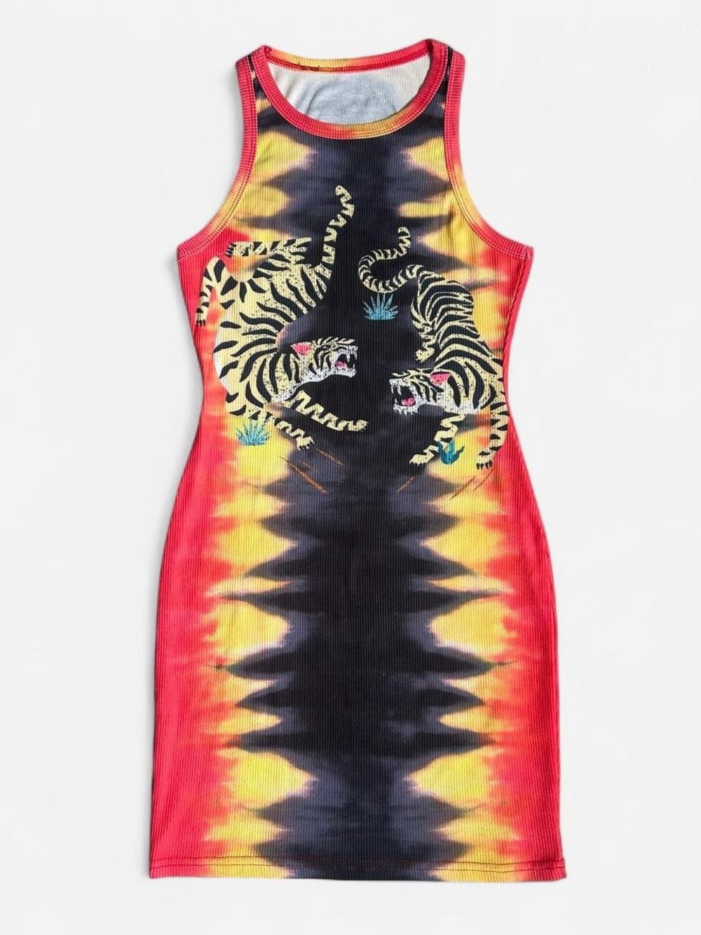Tie-Dye Ribbed Mini Dress with Tiger Graphic